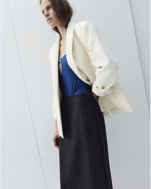 Mango Blue Linen Midi Skirt