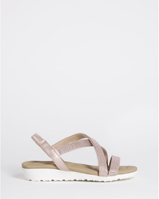 Heavenly Soles Natural Low Wedge Diamante Sandal Ex Wide