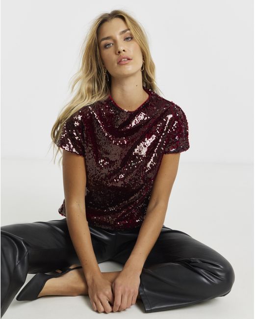 Simply Be Brown Glossy Sequin Cap Sleeve Top