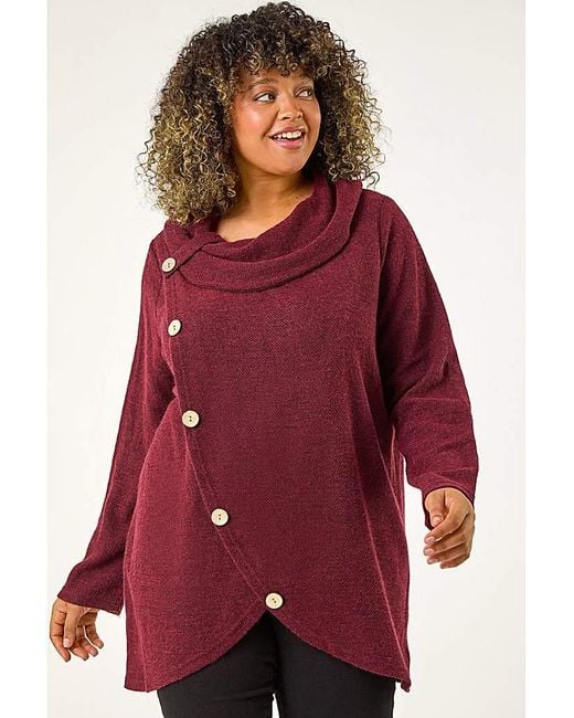 Roman Curve Red Cowl Neck Button Wrap Top