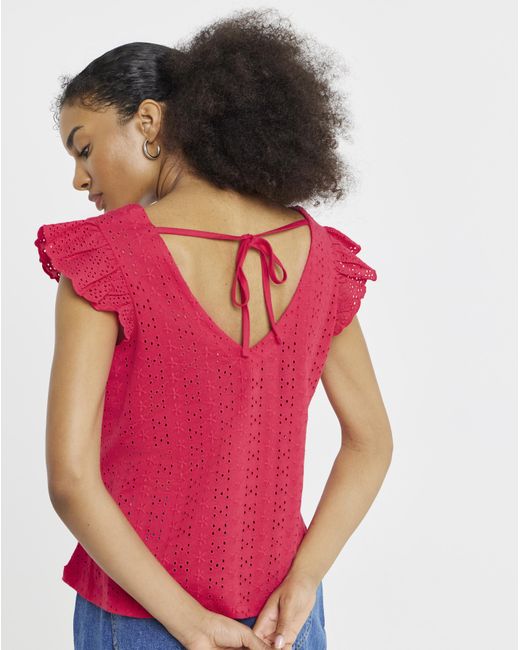 Simply Be Red V Neck Ruffle Sleeve Broderie Top
