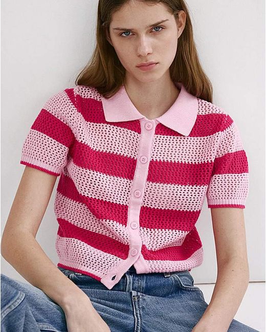 Mango Pink Striped Openwork Knitted Cardigan