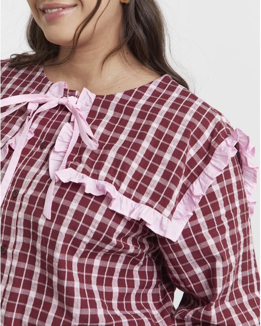 Neon Rose Red Sailor Collar Checked Blouse