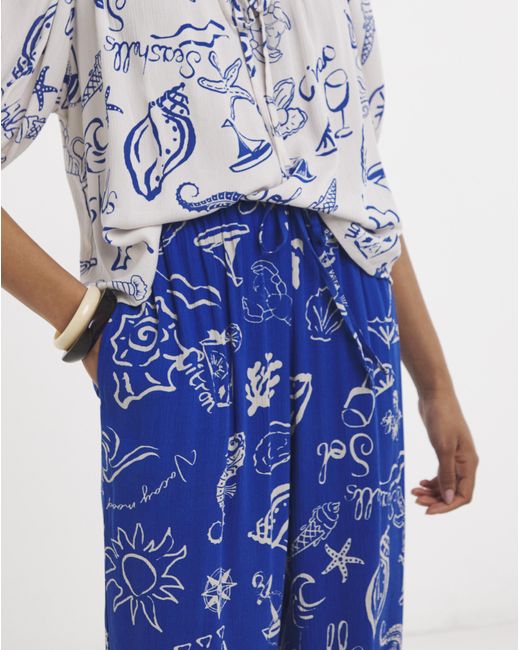 Simply Be Blue Shell Print Wide Leg Crinkle Trouser
