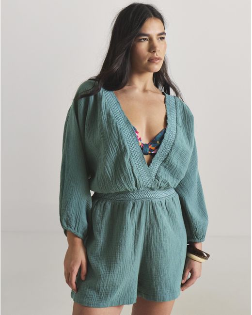 Beach To Beach Green Long Sleeve Plunge Playsuit