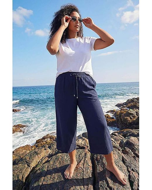 Roman Curve Blue Linen Blend Cropped Trousers