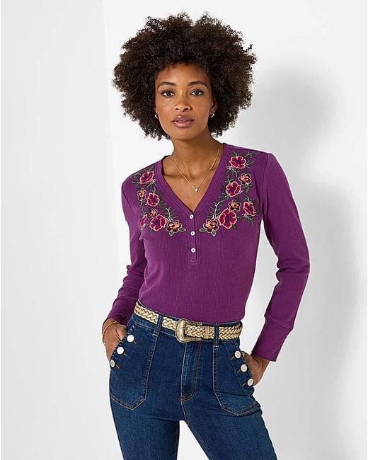 Joe Browns Purple Floral Embroidered Henley Top