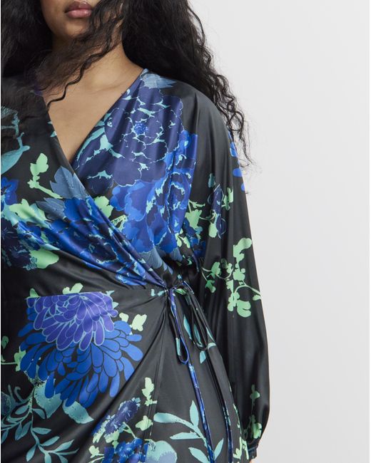 Joanna Hope Blue Floral Satin Wrap Dress