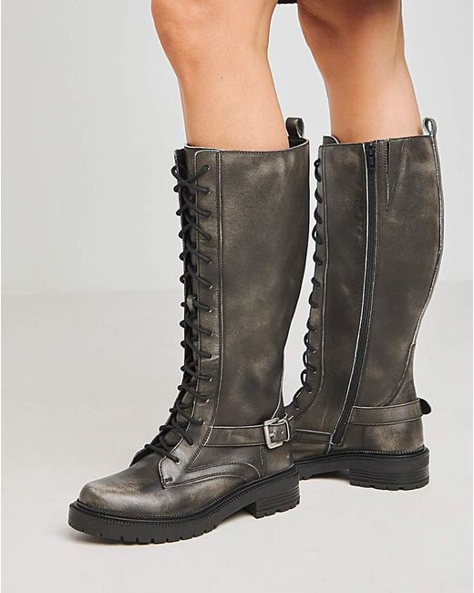 Simply Be Gray Knee High Lace Up Utility Boots Ex Wide