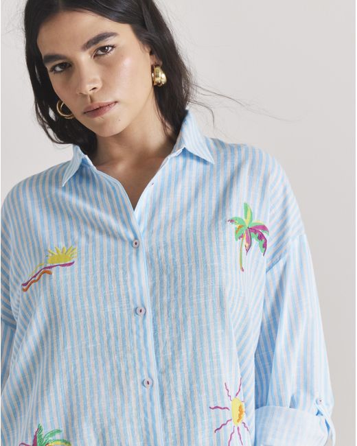 Beach To Beach Blue Embroidered Button Up Beach Shirt