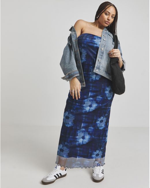 Simply Be Blue Printed Mesh Bandeau Maxi Dress