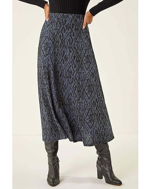 Roman Blue Roman Abstract Diamond Print Midi Skirt