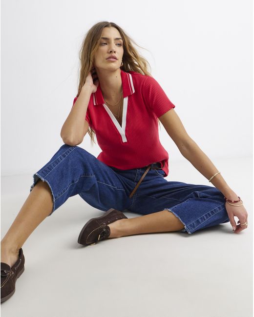 Simply Be Red Polo Collar Short Sleeve Top