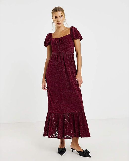 Lovedrobe Red Puff Sleeve Devore Midaxi