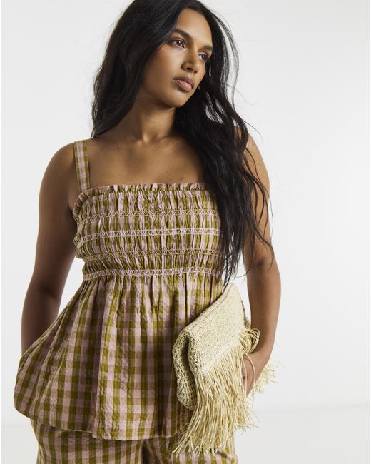 Simply Be Brown Gingham Shirred Detail Cami