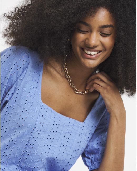 Simply Be Blue Stretch Broderie Square Neck Peplum