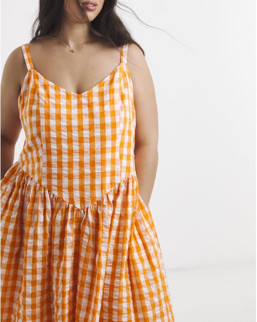 Simply Be Orange Gingham Waist Detail Midi Dress