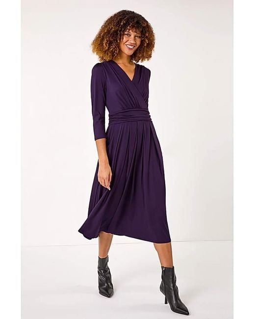 Roman Purple Roman Wrap V-Neck Stretch Midi Dress
