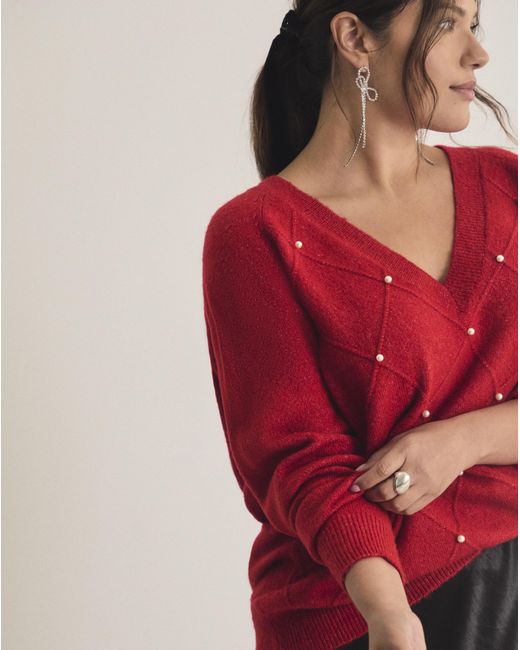 Simply Be Red V-Neck Pearl Cable Knit Jumper