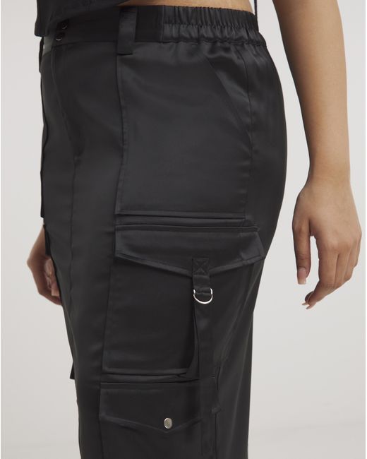 Simply Be Black Satin Cargo Midaxi Skirt