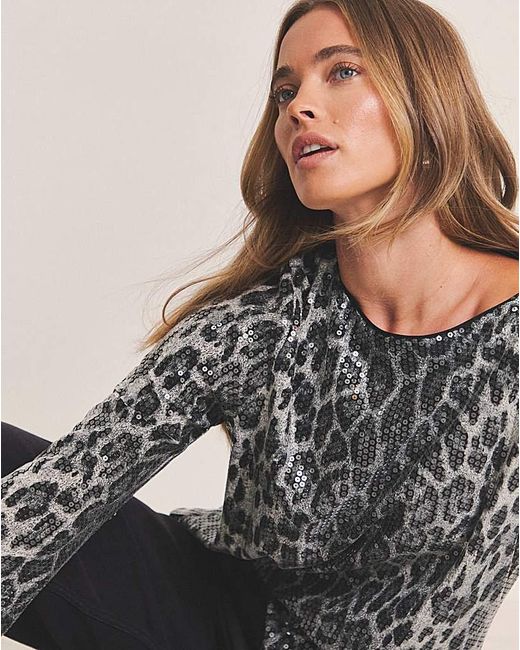 Simply Be Gray Simply Leopard Printed Sequin Blouse