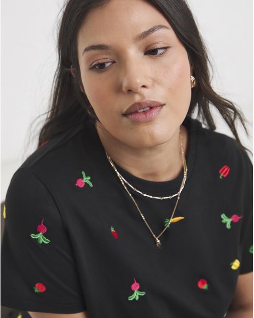 Simply Be Black Ditsy Vegetables Embroidered Tee
