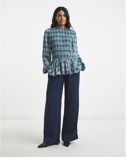 Simply Be Blue Shirred Long Sleeve Top