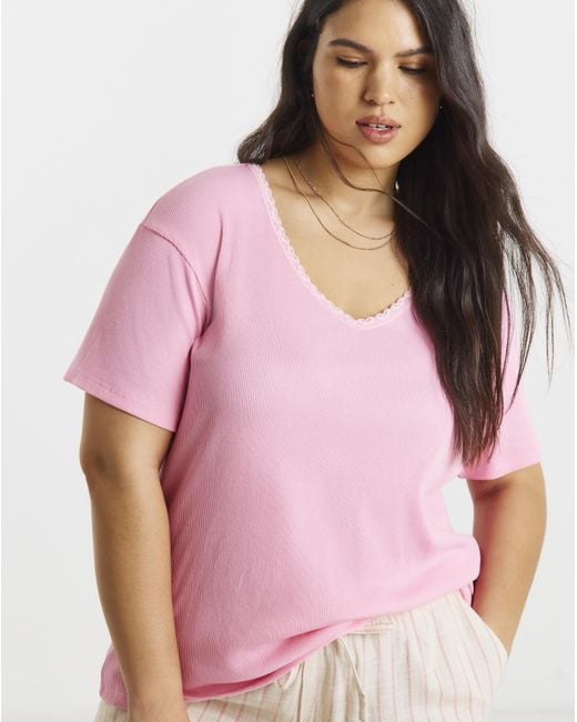 Simply Be Pink Rib V Neck Lace Trim T-Shirt