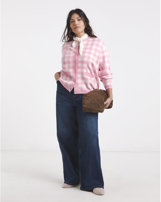 Simply Be Pink Gingham Crew Neck Cardigan