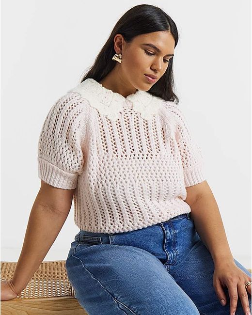Simply Be Pink Collared Pointelle Knitted Top