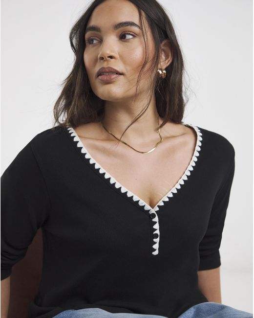 Simply Be Black Ribbed Henley Top With Whipstitching