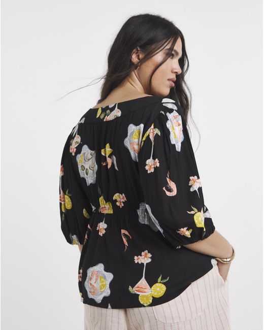 Simply Be Black Multi Print Shirred Peplum Top