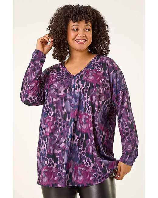 Roman Curve Purple Printed Stretch Tunic Top