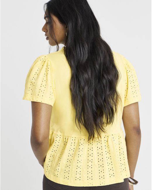 Simply Be Yellow Crew Neck Peplum Broderie Top
