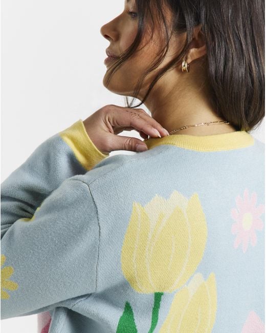 Simply Be Blue Floral Graphic Crew Neck Cardigan