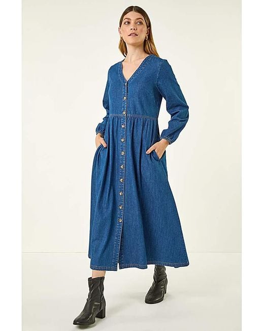 Roman Blue Roman Denim Button Down Midi Dress
