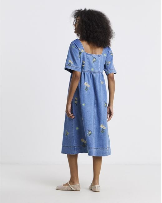 Simply Be Blue Daisy Embroidered Denim Dress