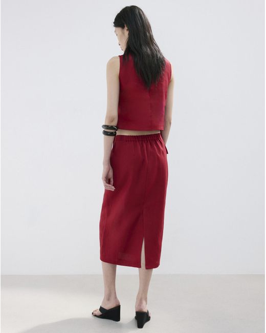 Mango Red Linen Midi Skirt