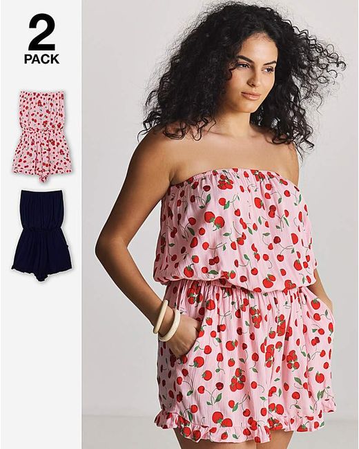 Simply Be Pink 2 Pack Cherry Print Playsuits