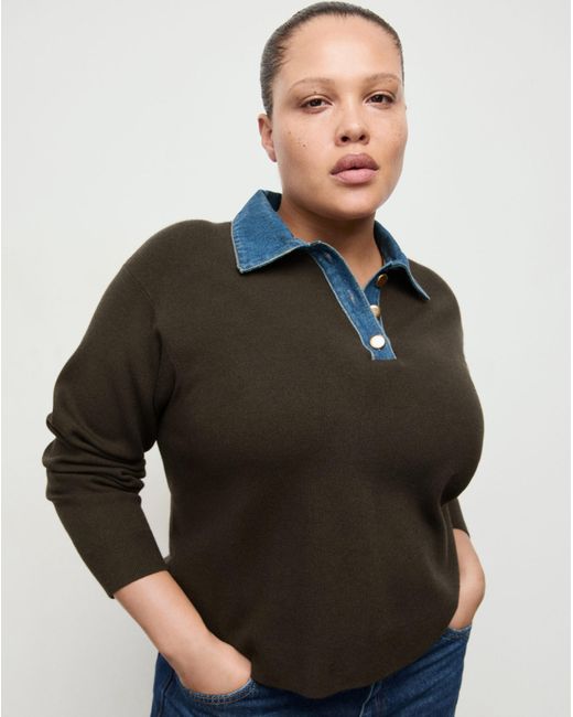 Mango Brown Sweater With Denim Collar
