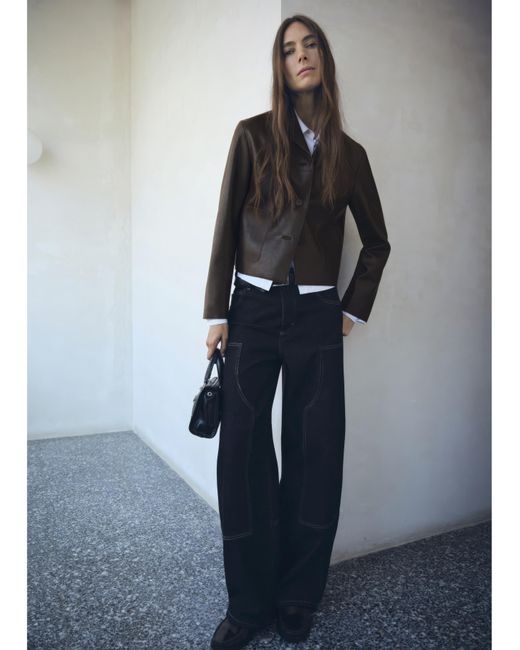 Mango Blue Faux Leather Collared Jacket