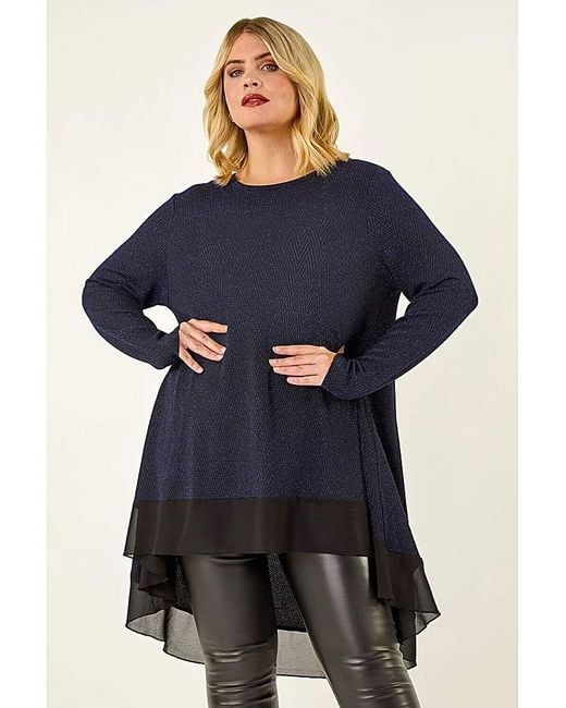 Roman Curve Blue Glitter Chiffon Tunic Top