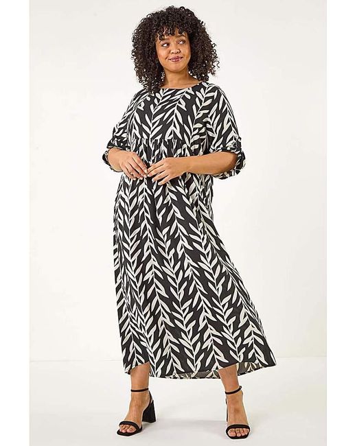 Roman Curve White Leaf Print Woven Dress