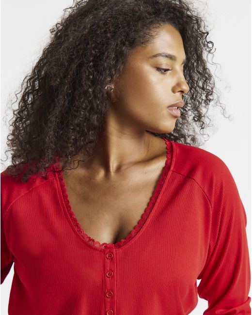 Simply Be Red Ribbed Lace Ls Henley