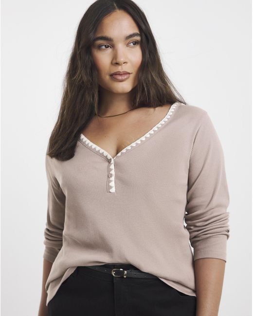 Simply Be Natural Ribbed Henley Top With Whipstitching