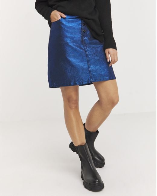 Simply Be Blue Exposed Button Metallic Mini Skirt