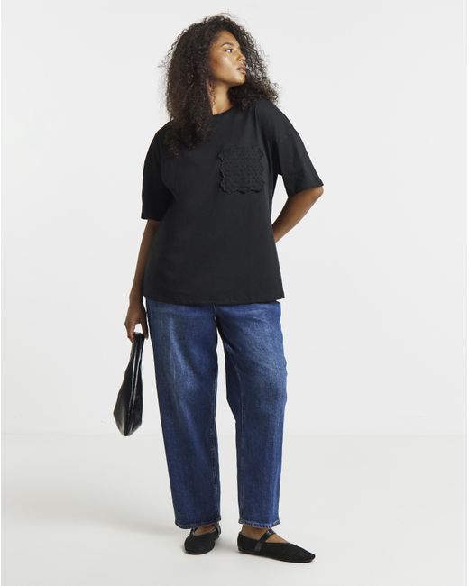 Simply Be Black Broderie Pocket T-Shirt