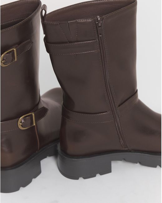 Simply Be Brown Strap Biker Boots Wide