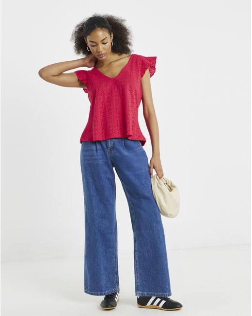 Simply Be Red V Neck Ruffle Sleeve Broderie Top