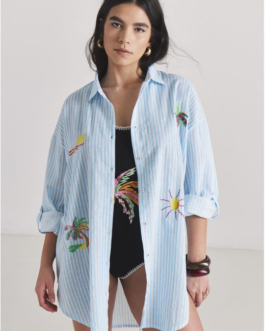 Beach To Beach Blue Embroidered Button Up Beach Shirt